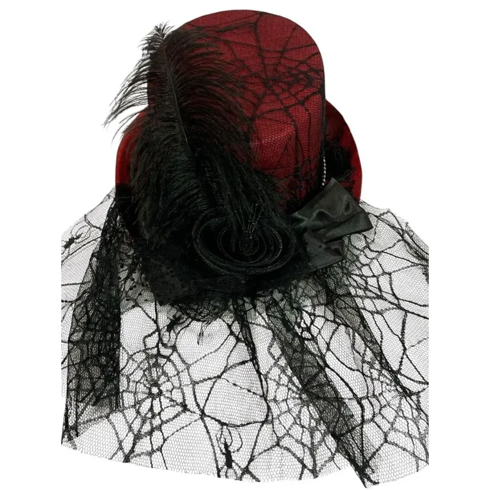 Victorian Style Top Hat Womens Red Spiderweb Veil Feather